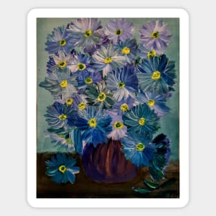 Blue flowers bouquet in a metallic copper turquoise vase Sticker